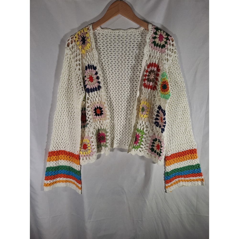 SHENHE Women White Floral Granny Square Crochet Cardigan Rainbow Cuff Small NEW